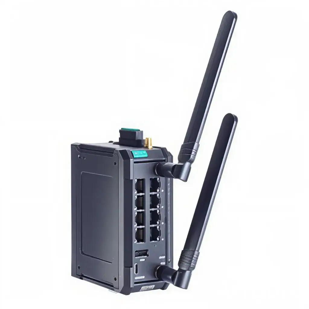 Router IoT industrial vista de puertos Ethernet y conectores de antena